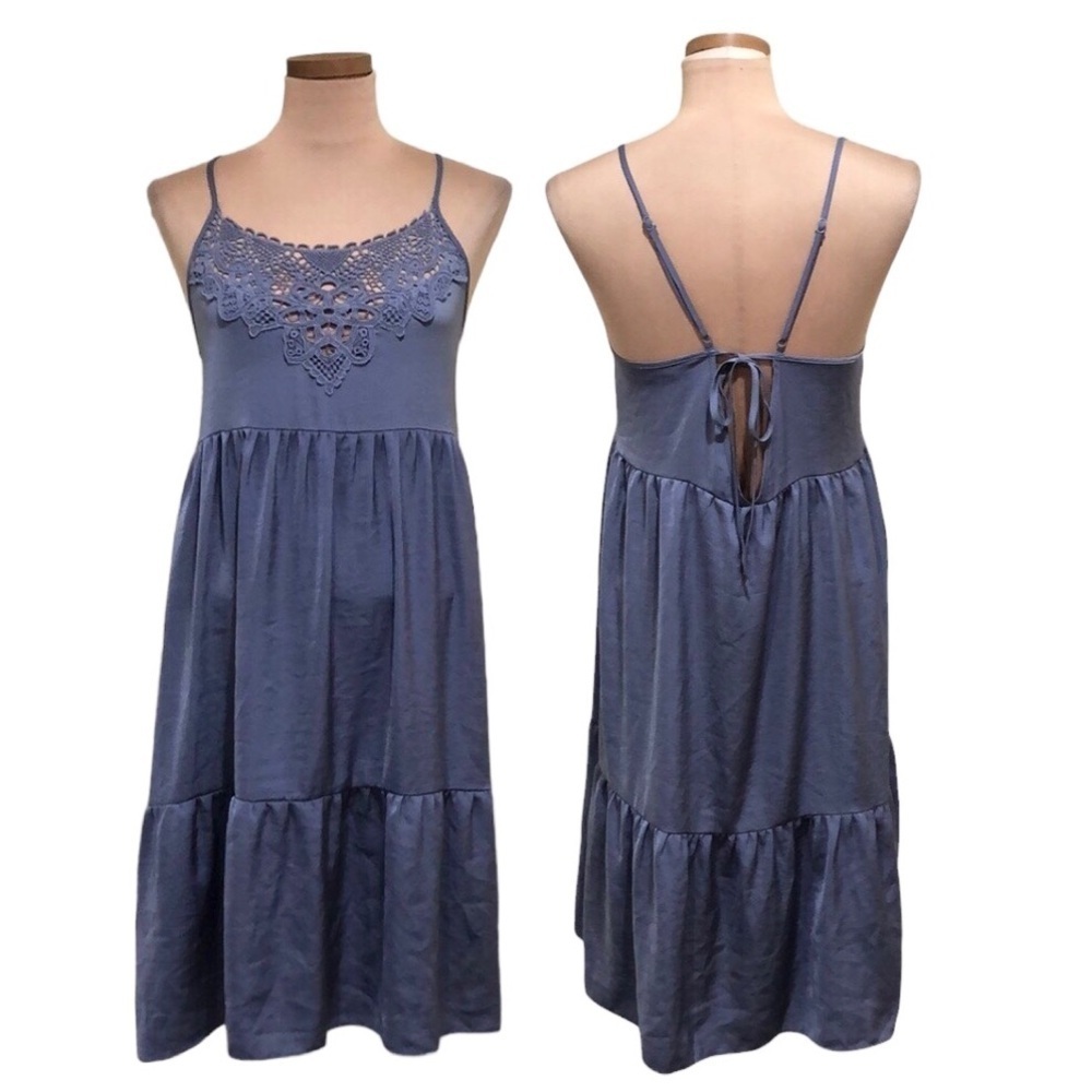 In Bloom By Jonquil Chemise Slip Midi Dress Size Large Blue Crochet Lace Cutout